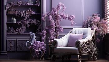 ai gegenereerd modern Purper decor bloem vaas, elegant bank, luxe huis interieur gegenereerd door ai foto