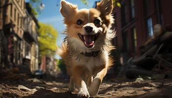 ai gegenereerd schattig puppy spelen buitenshuis, glimlachen in de zomer zonlicht gegenereerd door ai foto