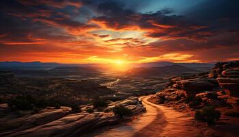 ai gegenereerd majestueus berg piek, rustig tafereel, natuur schoonheid in zonsondergang gegenereerd door ai foto