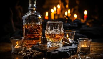 ai gegenereerd luxe viering whisky, wijn, kaars, glas, vuur, elegantie, ontspanning gegenereerd door ai foto