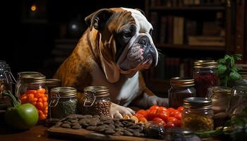 ai gegenereerd schattig bulldog puppy zittend Aan tafel, op zoek Bij voedsel pot gegenereerd door ai foto