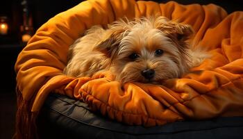 ai gegenereerd schattig puppy zitten, op zoek Bij camera, pluizig vacht, speels terriër gegenereerd door ai foto