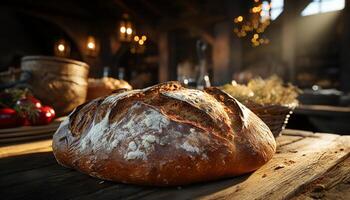 ai gegenereerd vers gebakken rustiek baguette Aan houten tafel, een fijnproever genot gegenereerd door ai foto