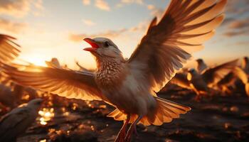 ai gegenereerd zonsondergang lucht, vliegend zeemeeuw, symbool van vrede in natuur schoonheid gegenereerd door ai foto