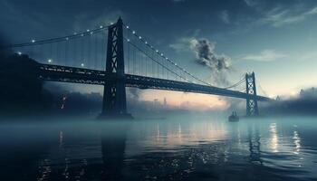 ai gegenereerd beroemd brug weerspiegelt stad horizon Bij schemering, verhelderend blauw nacht gegenereerd door ai foto