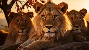 ai gegenereerd majestueus leeuwin verbergt in duidelijk zicht, familie in focus gegenereerd door ai foto