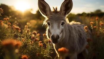 ai gegenereerd schattig geit begrazing in groen weide Bij zonsondergang gegenereerd door ai foto