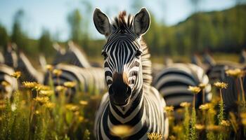 ai gegenereerd zebra begrazing in de Afrikaanse savanne, omringd door mooi natuur gegenereerd door ai foto