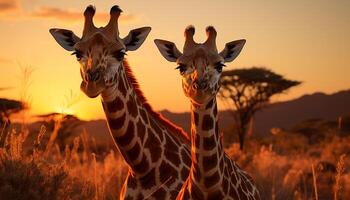 ai gegenereerd giraffe staand in Afrikaanse zonsondergang, natuur schoonheid in wildernis gegenereerd door ai foto