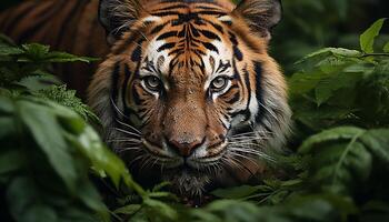 ai gegenereerd majestueus Bengalen tijger staren, wild schoonheid in natuur tropisch regenwoud gegenereerd door ai foto