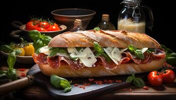 ai gegenereerd gegrild varkensvlees belegd broodje Aan ciabatta, met vers tomaat en salade gegenereerd door ai foto