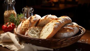 ai gegenereerd vers gebakken brood Aan houten tafel, een fijnproever eigengemaakt maaltijd gegenereerd door ai foto