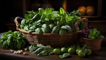 ai gegenereerd vers biologisch groenten, gezond aan het eten, rustiek keuken, Italiaans cultuur gegenereerd door ai foto