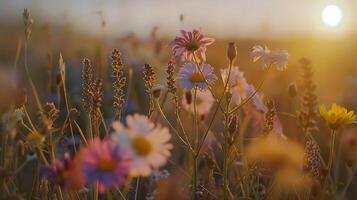 ai gegenereerd kleurrijk wilde bloemen creëren een gouden uur meesterwerk in de veld- foto