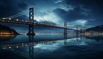 ai gegenereerd beroemd brug weerspiegelt stad horizon in rustig blauw schemering gegenereerd door ai foto