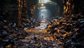 ai gegenereerd spookachtig herfst Woud, oud ruïneren, een persoon wandelen ondergronds gegenereerd door ai foto