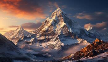ai gegenereerd majestueus sneeuw afgedekt bergen, natuur schoonheid, rustig landschap, adembenemend zonsondergang gegenereerd door ai foto