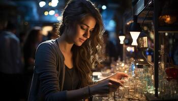 ai gegenereerd jong Dames genieten van drankjes Bij een verlichte bar in de stad gegenereerd door ai foto