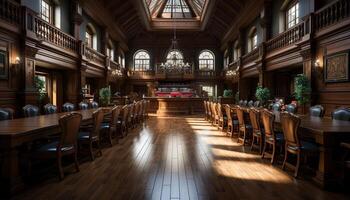 ai gegenereerd knus bibliotheek met elegant houten tafel, modern stoel, en boekenplank gegenereerd door ai foto