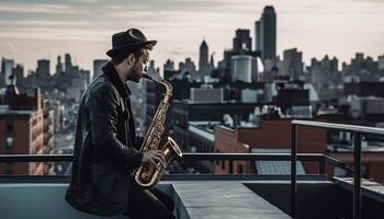 ai gegenereerd jong volwassen musicus spelen saxofoon buitenshuis in de stad gegenereerd door ai foto