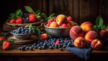 ai gegenereerd vers, biologisch bessen Aan rustiek hout tafel, een gezond zomer tussendoortje gegenereerd door ai foto