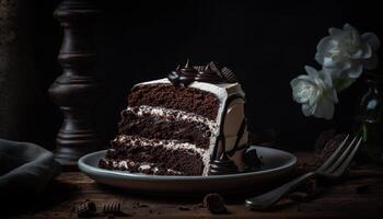 ai gegenereerd eigengemaakt chocola taart Aan rustiek hout tafel, klaar naar eten toegeeflijkheid gegenereerd door ai foto