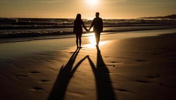 ai gegenereerd een getrouwd paar wandelen Aan de strand, omarmen Bij zonsondergang gegenereerd door ai foto