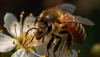 ai gegenereerd bezig honing bij verzamelen stuifmeel van een geel bloem gegenereerd door ai foto