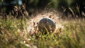 ai gegenereerd spelen voetbal Aan een groen veld, schoppen bal met succes gegenereerd door ai foto