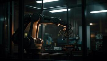 ai gegenereerd futuristische robot arm werken in geautomatiseerd metaal industrie fabriek gegenereerd door ai foto