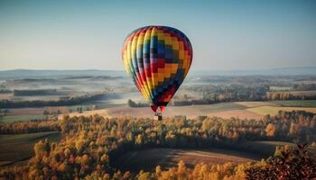 ai gegenereerd vliegend heet lucht ballon, avontuur in natuur, kleurrijk vrije tijd werkzaamheid gegenereerd door ai foto