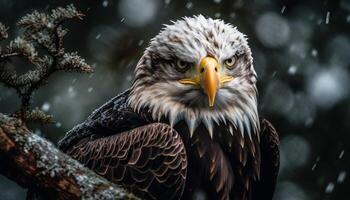 ai gegenereerd majestueus havik neerstrijken Aan tak, op zoek Bij rustig winter Woud gegenereerd door ai foto