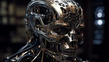 ai gegenereerd futuristische robot schedel, dood donker portret, onheil machinerie in focus gegenereerd door ai foto