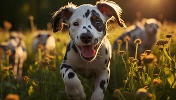 ai gegenereerd schattig puppy zittend in de gras, op zoek Bij de zonsondergang gegenereerd door ai foto