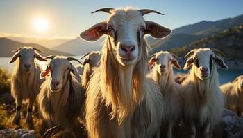 ai gegenereerd schattig koe begrazing Aan groen weide onder de zonsondergang gegenereerd door ai foto