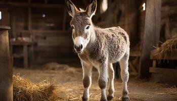 ai gegenereerd schattig ezel staand in weide, op zoek Bij camera gegenereerd door ai foto