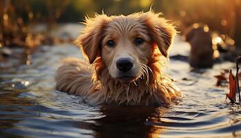 ai gegenereerd schattig puppy spelen in de water, genieten van de zomer buitenshuis gegenereerd door ai foto