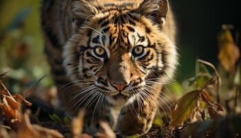 ai gegenereerd majestueus Bengalen tijger, bedreigd schoonheid, staren in de wildernis gegenereerd door ai foto