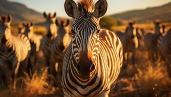 ai gegenereerd zebra kudde begrazing in Afrikaanse savanne, natuur verbijsterend schoonheid gegenereerd door ai foto