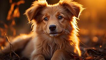 ai gegenereerd schattig puppy zittend in gras, op zoek Bij camera, genieten van natuur gegenereerd door ai foto