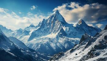 ai gegenereerd majestueus berg piek, sneeuw gedekt landschap, blauw lucht, rustig schoonheid gegenereerd door ai foto