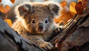 ai gegenereerd schattig koala zittend Aan tak, op zoek Bij camera in Woud gegenereerd door ai foto