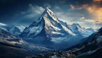 ai gegenereerd majestueus berg piek, sneeuw bedekt, lucht geschilderd met rustig zonsondergang gegenereerd door ai foto