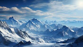 ai gegenereerd majestueus berg piek, sneeuw gedekt landschap, rustig tafereel, panoramisch schoonheid gegenereerd door ai foto