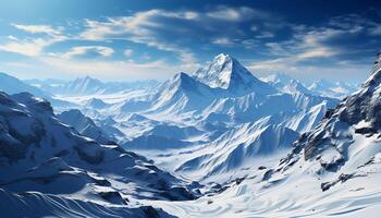 ai gegenereerd majestueus berg piek, rustig tafereel, bevroren water, blauw lucht gegenereerd door ai foto