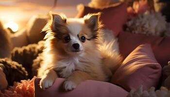 ai gegenereerd schattig puppy zittend Aan bed, op zoek Bij camera, speels en pluizig gegenereerd door ai foto