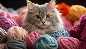 ai gegenereerd schattig katje spelen met kleurrijk wol, omringd door knus decoraties gegenereerd door ai foto