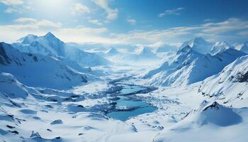 ai gegenereerd majestueus berg piek, sneeuw gedekt landschap, rustig natuur, bevroren water gegenereerd door ai foto