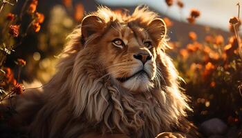ai gegenereerd majestueus leeuw, koning van de savanne, verbergt in de gras gegenereerd door ai foto