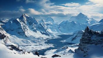 ai gegenereerd majestueus berg bereik, rustig tafereel, bevroren water, zonlicht Aan sneeuw gegenereerd door ai foto